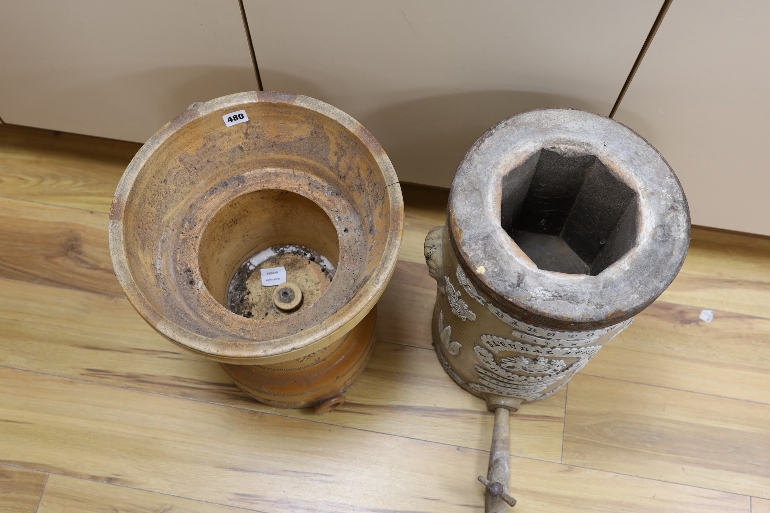 Barstow's of Ferrybridge patent natural stone and carbon water filter, together with a further filter, 47cms high
